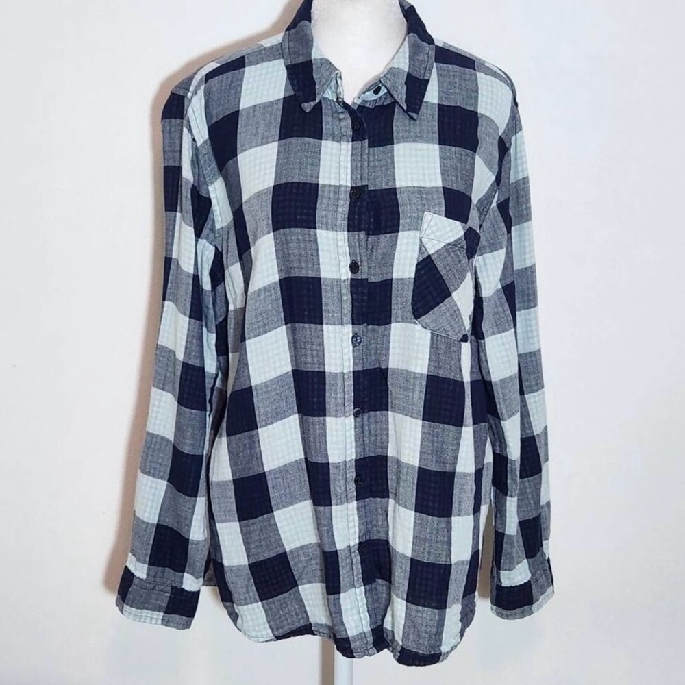Laura Scott Navy Plaid Gauze Button Down Shirt Size Large Blue Plaid Top